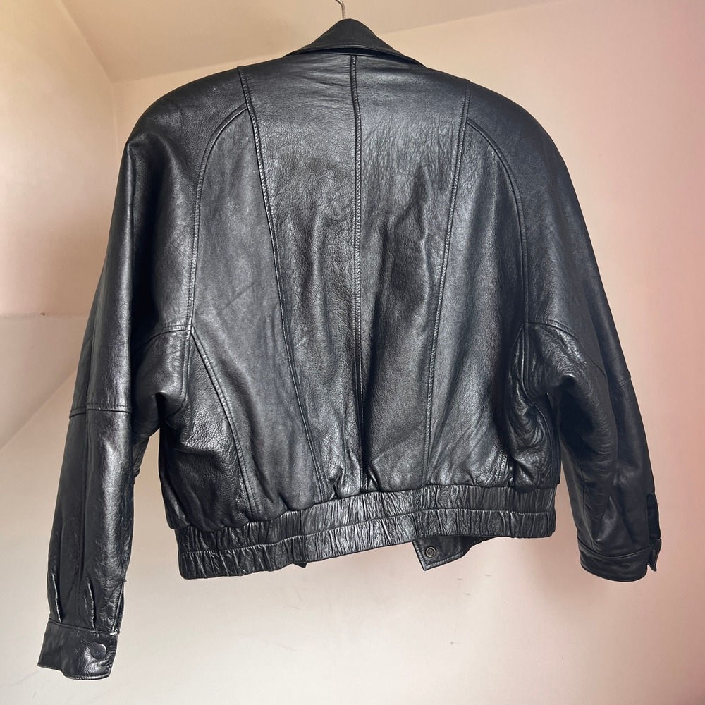 Vintage 80s Leather Jacket Black Cropped Statement Bomber Moto‎ Biker 90s - Picture 9 of 10